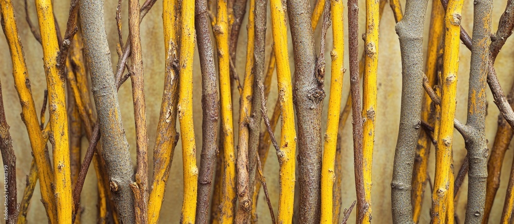 Poster background of intertwined dry twigs with a mix of yellow and brown branches showcasing a textured na