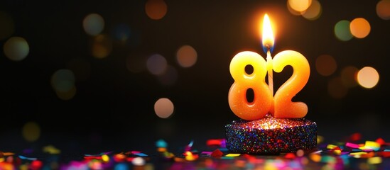 Birthday candle number 82 illuminated on a black background with colorful confetti for a festive celebration theme.