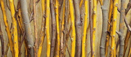 Background of intertwined dry twigs with a mix of yellow and brown branches showcasing a textured natural backdrop for creative projects