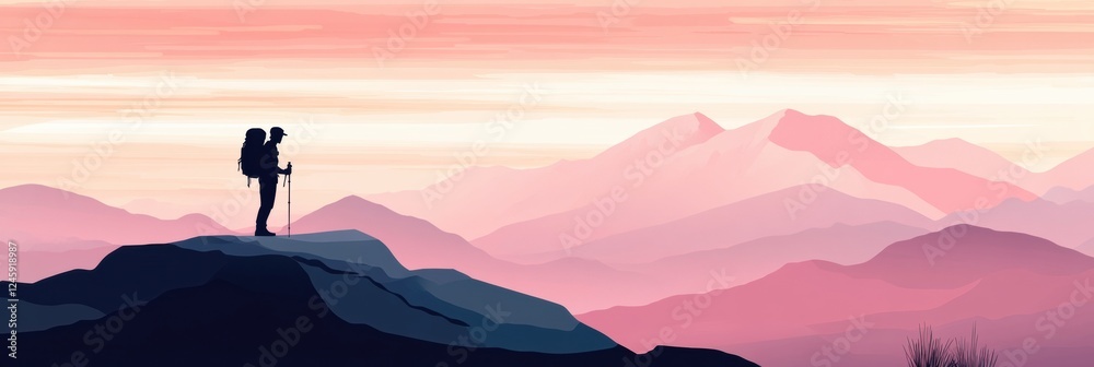 Aufkleber Silhouette of a hiker on a mountain ridge during sunset with open space for text. Generative AI