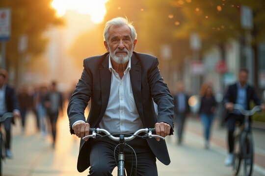 Urban Cycling. Senior man gray hair beard riding bike city street even