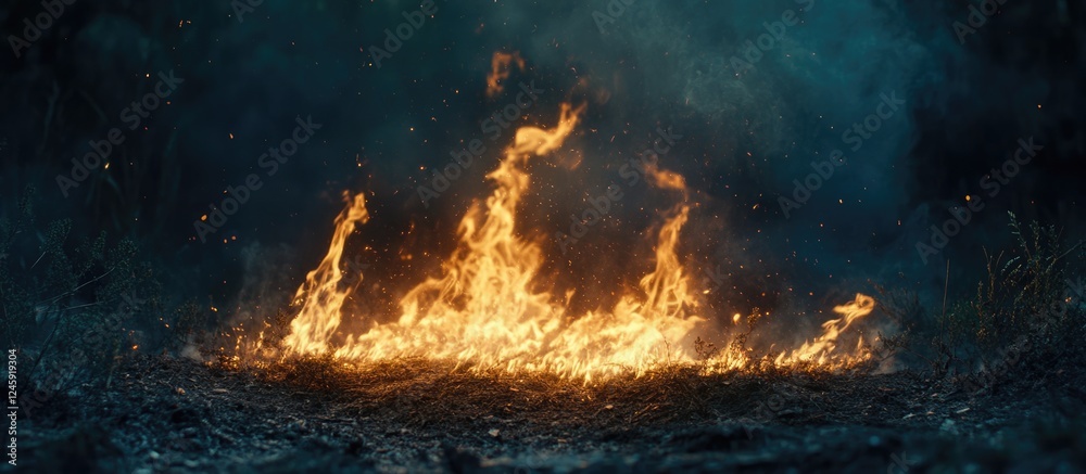 Aufkleber Dynamic Flames Erupting from the Ground Against a Dark Background with Empty Space for Text Creation