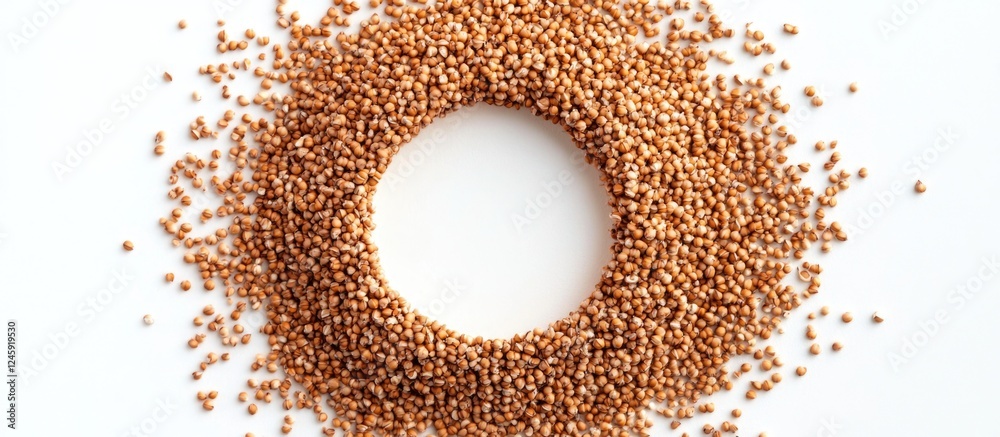 Poster buckwheat grain arranged in a circular ring shape on a white background showcasing its texture and n