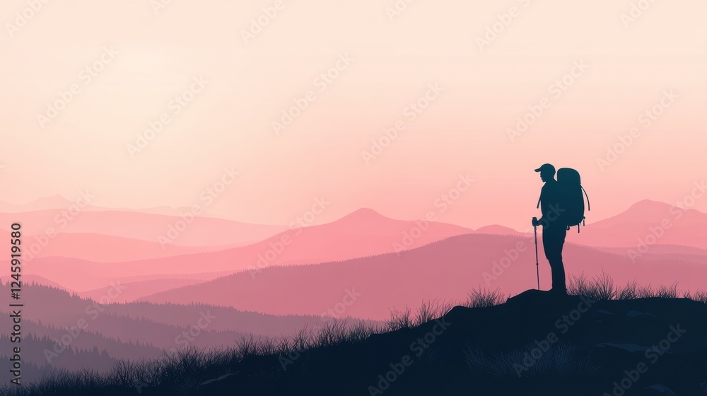 Poster Inspiring silhouette of a hiker on a mountain ridge at sunrise with open space for text above and below. Generative AI