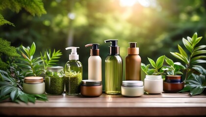 A collection of eco-friendly skincare products arranged on a wooden surface, surrounded by lush green plants and bathed in warm sunlight.