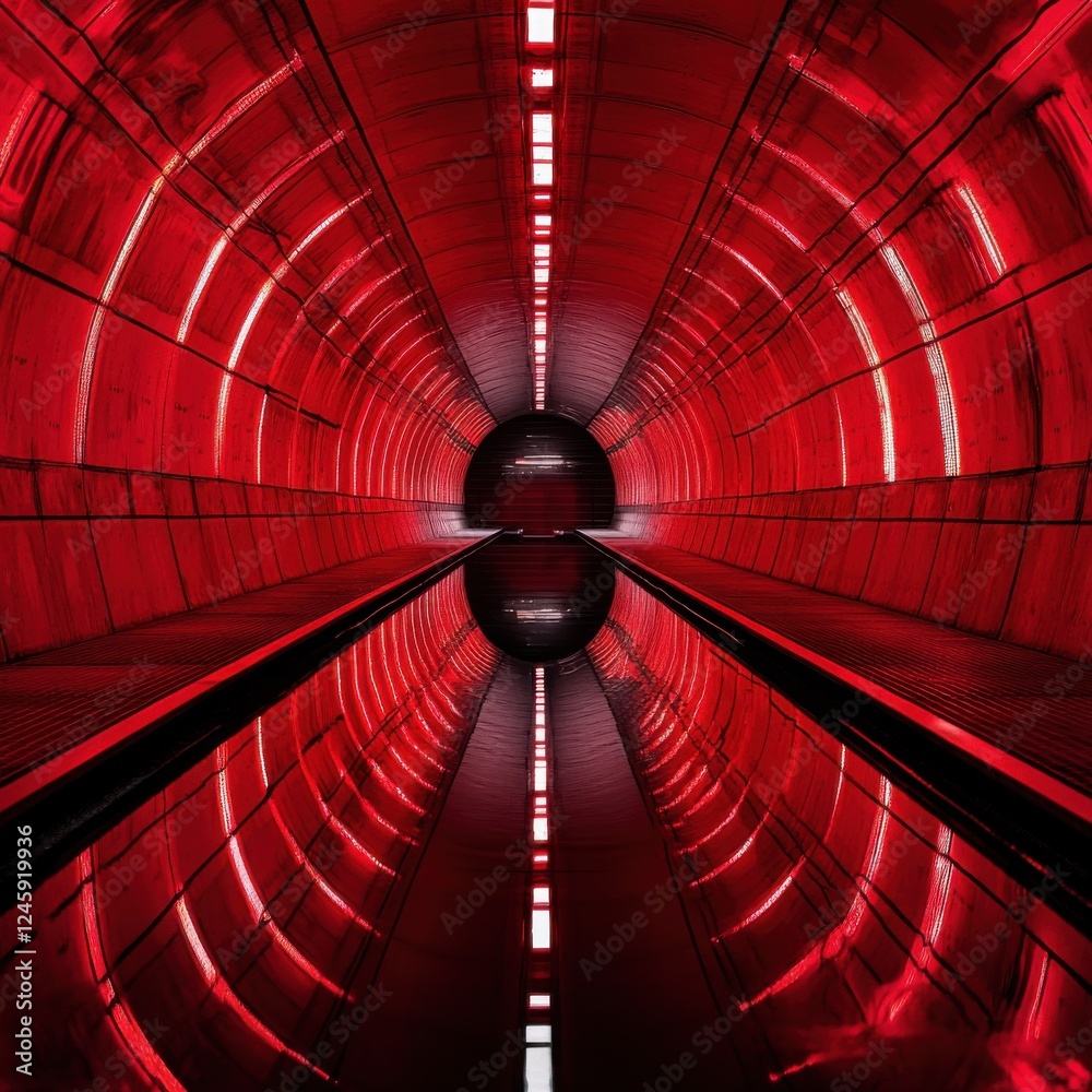 Poster futuristic tunnel with red neon lights and symmetrical reflections in a modern design environment