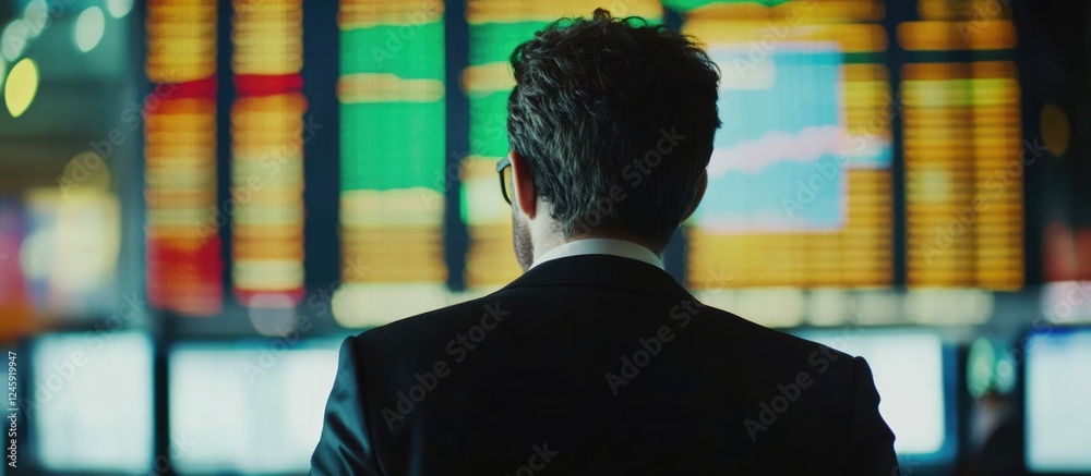 Poster businessman analyzing stock exchange data with digital screens and blank space for financial strateg