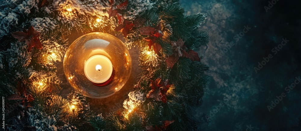 Aufkleber Candle lantern and electric torch on a Christmas wreath with evening light and empty space for text top view in winter setting