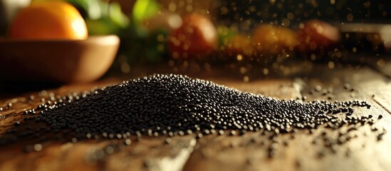 Nutritious Black Chia Seeds Pile on Rustic Wooden Surface with Natural Background Elements