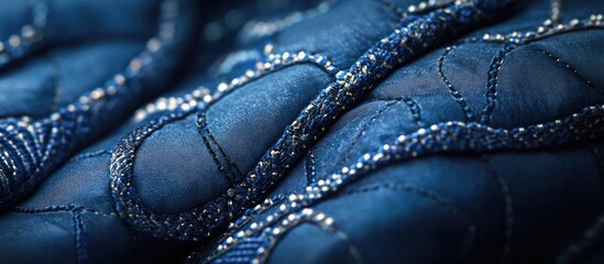 Naklejka premium Blue jeans fabric close up detailed texture showcasing stitched patterns and deep blue tones ideal for fashion or textile backgrounds