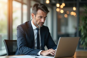 Office Productivity. Businessman in navy suit working on laptop, offic