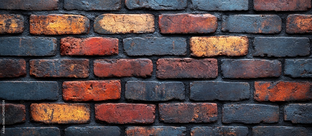Poster textured brick wall close-up with selective focus showcasing varying shades of red and blue bricks f
