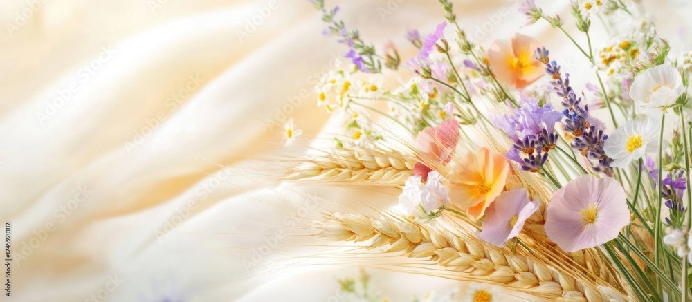 Poster bouquet of wheat and wildflowers arranged beautifully on a soft light background creating a serene a