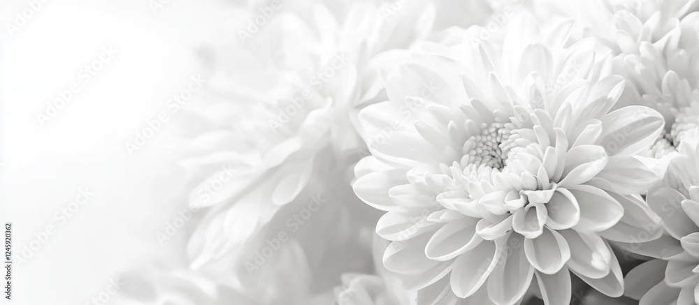 Poster close-up of white chrysanthemums on a soft background monochrome floral design for elegant home deco