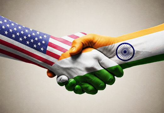 Handshake of India and America national flags. AI generated USA and India cooperation and coalition symbol. Media use image for wars, conflicts, alliances, reconciliations and agreements. 