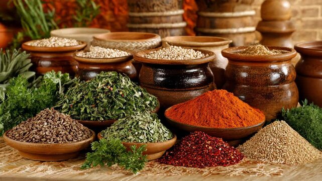 Diverse assortment of spices arranged in bowls showcasing vibrant colors and textures for culinary use