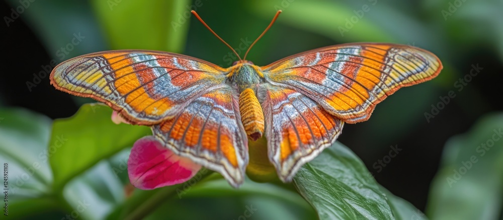 Poster Vibrant butterfly perched on green foliage displaying intricate patterns and colors in a natural setting.