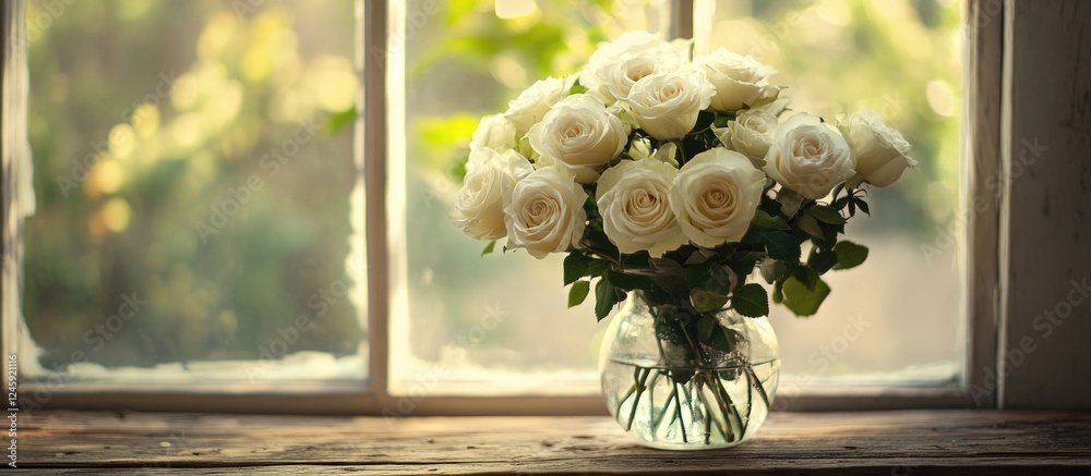 Poster Elegant bouquet of white roses displayed in a vase against a rustic vintage window setting creating a serene and nostalgic atmosphere