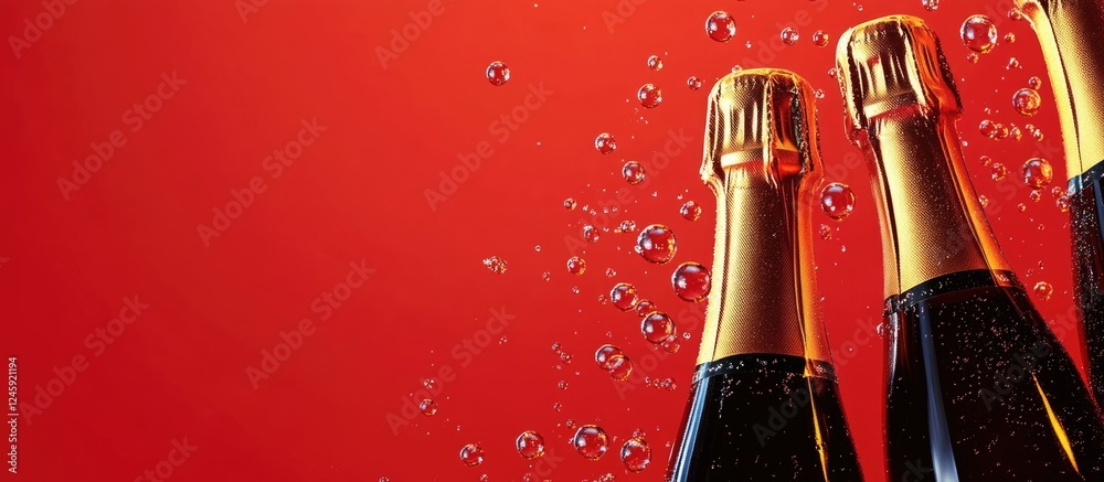 Poster champagne bottles on vibrant red background with golden bubbles ideal for new year celebration or pa