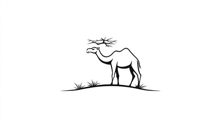 Fototapeta premium A solitary camel stands on a hill under a barren tree in a minimalist desert landscape