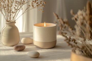 Lit candle, dried flowers, stones, sunlight, serene home decor