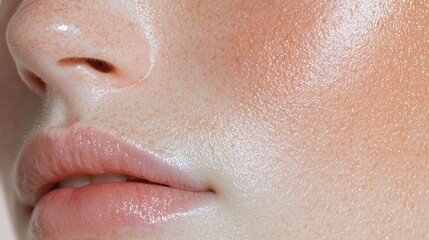 Close-up of a person's face, specifically their lips and nose. the skin appears to be smooth and shiny, with a light peach color.