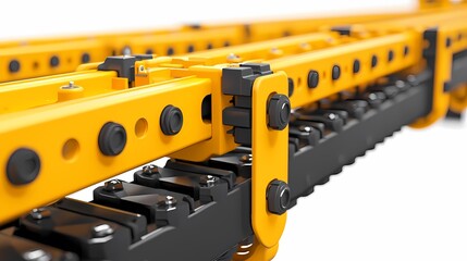 A close-up of a yellow mechanical component featuring interconnected parts, showcasing precision engineering and design.