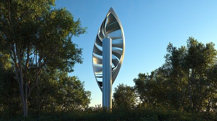 Vertical Axis Wind Turbine Modern Leaf Shape Design Amidst Green Foliage
