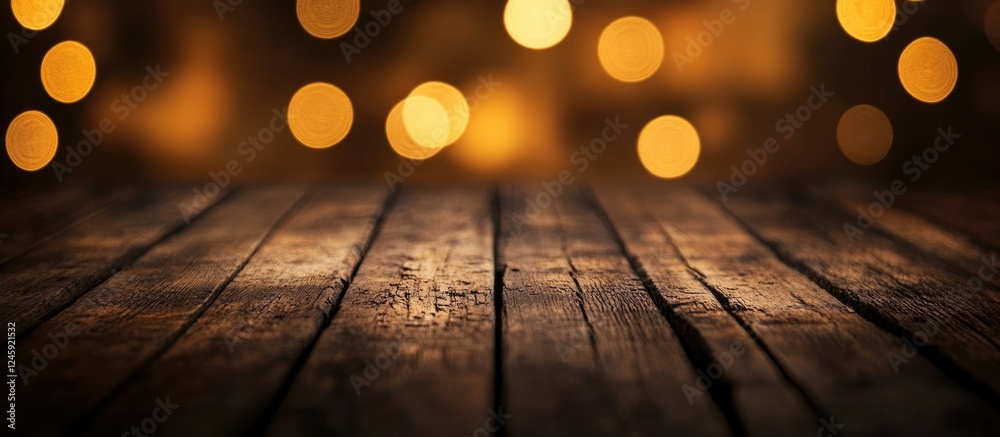 Poster warm brown wooden surface with bokeh lights in the background ideal for rustic themes and festive de