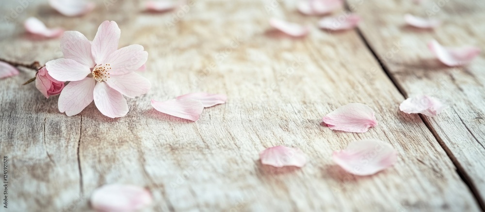 Poster cherry blossom petals scattered on rustic wooden background with space for text and design elements