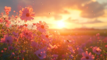 Sunset Cosmos Field, Bees Flying, Golden Hour