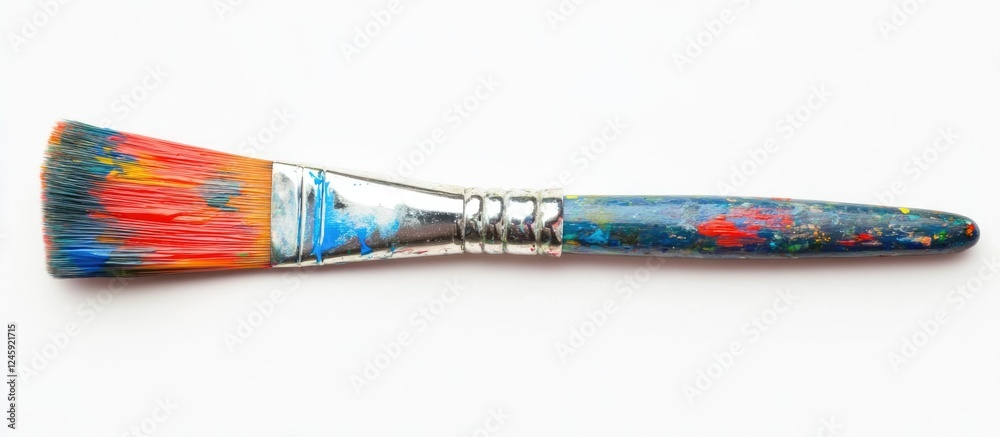 Poster colorful paintbrush with vibrant bristles and paint splatters isolated on a clean white background f