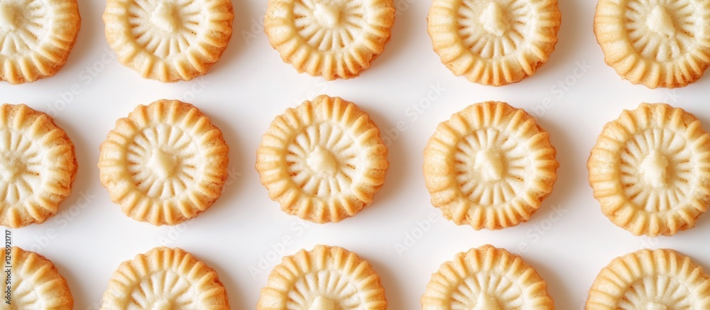 Poster Buttery round cookies arranged in a neat row on a clean white background showcasing their intricate texture and golden color.