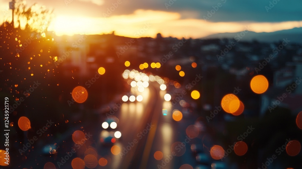 Poster a busy urban road glows as the sun sets, covered with droplets that catch the light. cars move throu