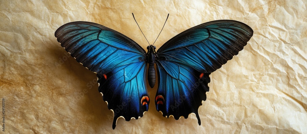Aufkleber beautiful butterfly papilio ulysses displayed on textured baking paper background showcasing vibrant