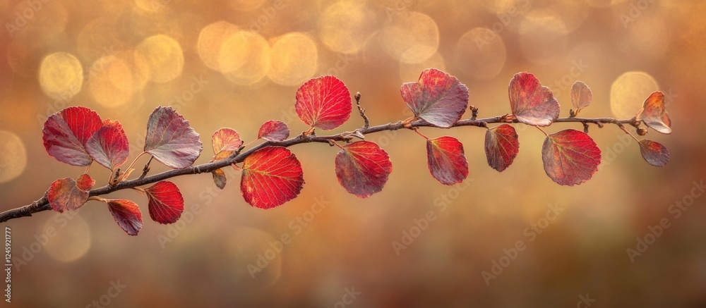 Poster Red maple leaves on a branch showcasing vibrant autumn colors against a soft bokeh background