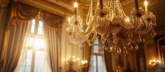 Fototapeta premium Elegant chandelier illuminating a luxurious classic interior with warm sunlight cascading through the windows