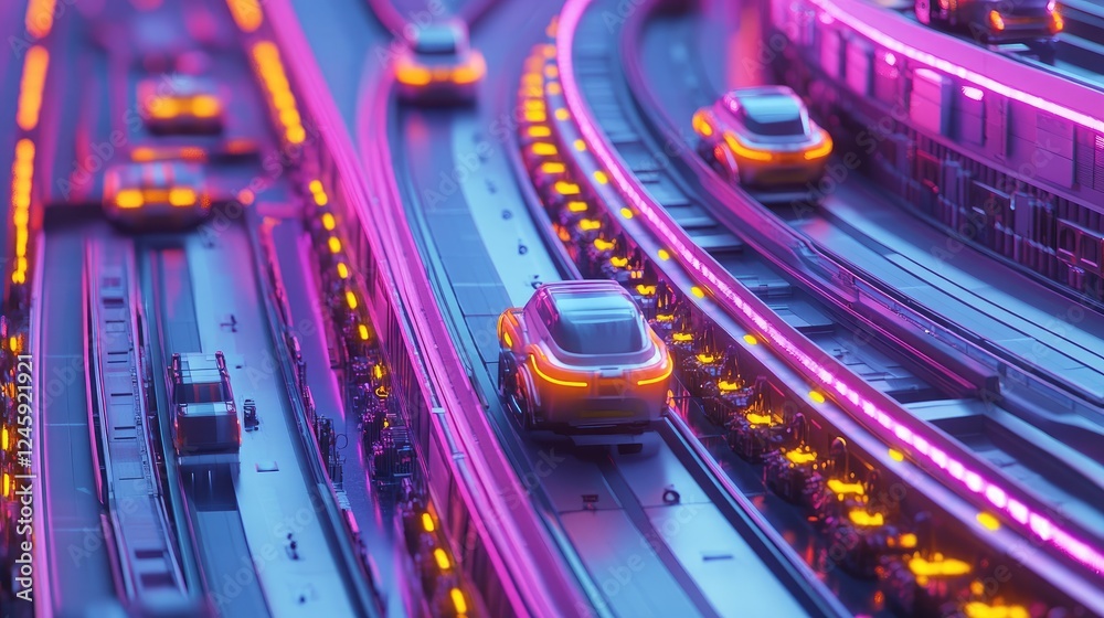 Aufkleber An overhead view of a conveyor system with autonomous carts in motion, showcasing the coordination of vehicles and the vibrant network signals pulsing in the background.