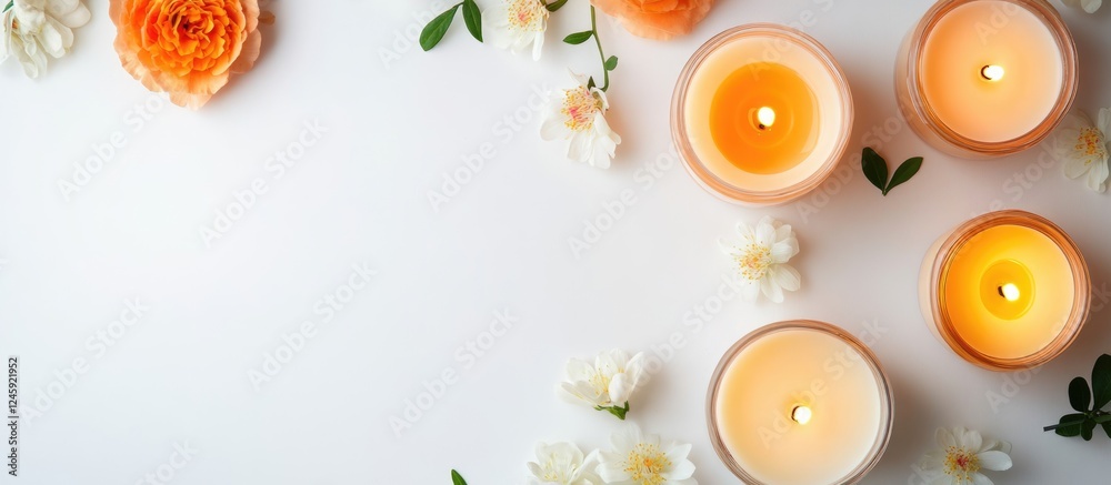 Poster aromatherapy candles and fresh flowers on white table minimalist spa setting for relaxation and well