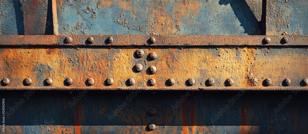 Poster rusty metal bridge elements showcasing detail and texture with rivets against a weathered blue and o