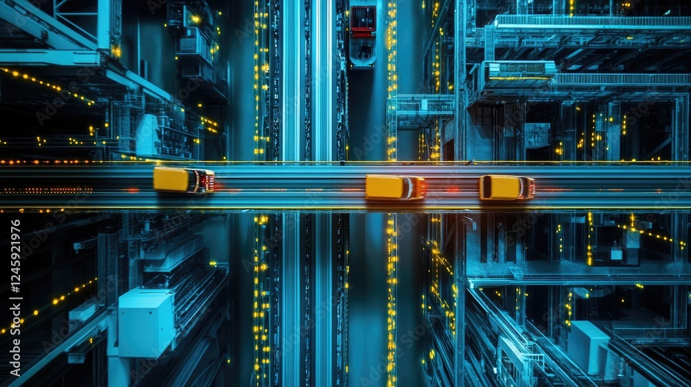 Poster An overhead view of a conveyor system with autonomous carts in motion, showcasing the coordination of vehicles and the vibrant network signals pulsing in the background.