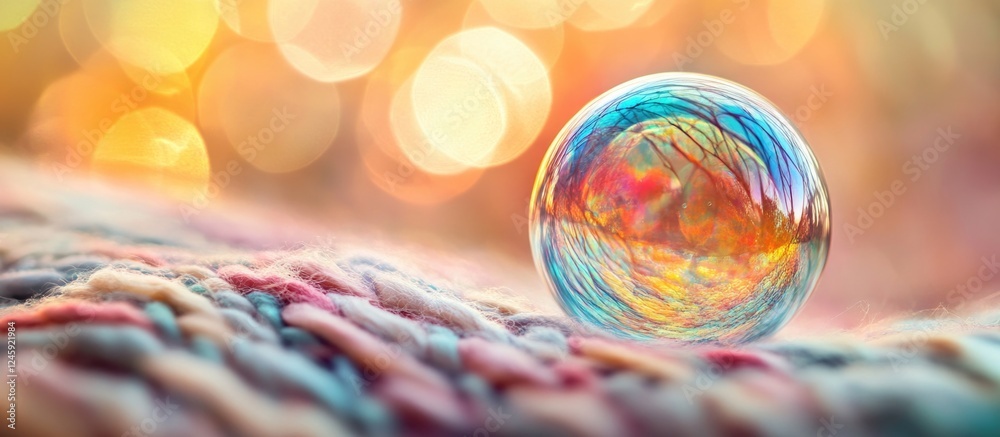 Poster Colorful bubble resting on a soft blanket with a blurred bokeh background creating a dreamy and whimsical atmosphere.