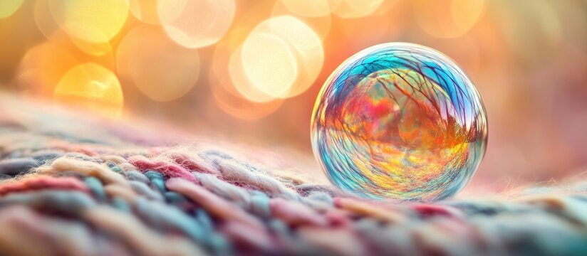Colorful bubble resting on a soft blanket with a blurred bokeh background creating a dreamy and whimsical atmosphere. - Powered by Adobe