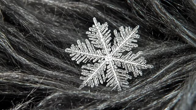 Intricate snowflake ornament resting on dark textured hair during winter season
