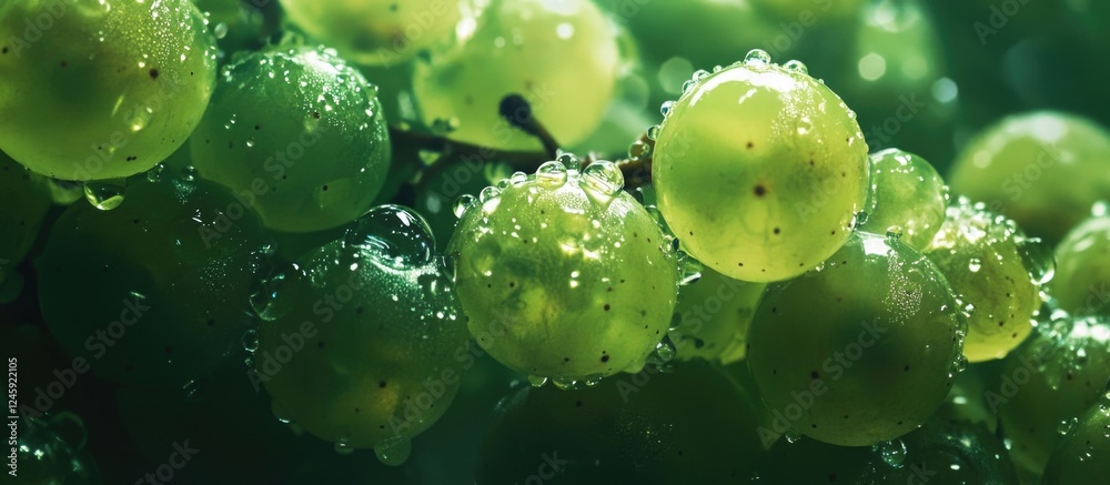 Poster Close-up of fresh green grapes with water droplets creating a textured background highlighting their natural freshness and vibrant color