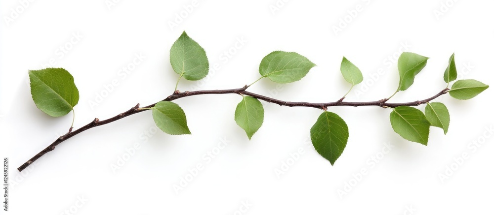 Poster Green leaves on a branch isolated against a white background with ample space for text or design elements in advertisements or presentations