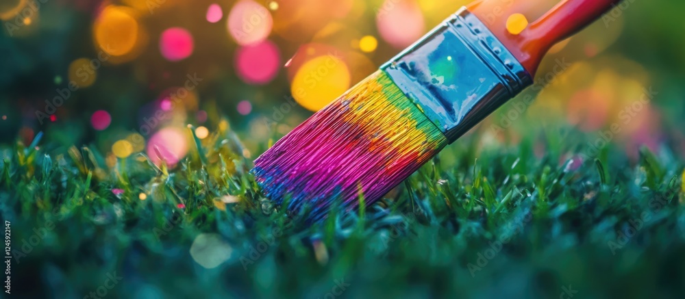 Aufkleber Colorful paintbrush creating vibrant patterns on grass with a dreamy bokeh background, symbolizing creativity and artificial landscapes.