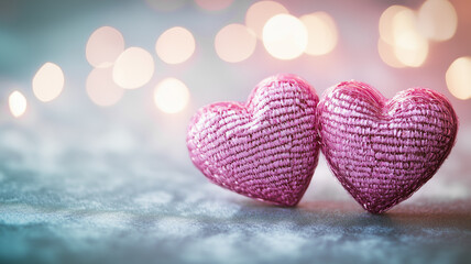 Obraz premium Two shiny metallic pink hearts on a dreamy, colorful bokeh background with floating hearts.