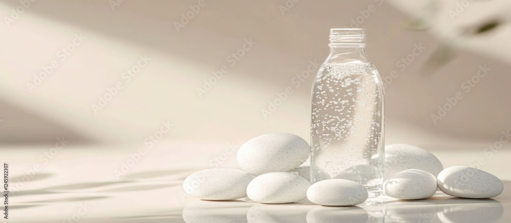 Poster clear water bottle placed on smooth white stones with soft shadows, creating a minimalistic and sere