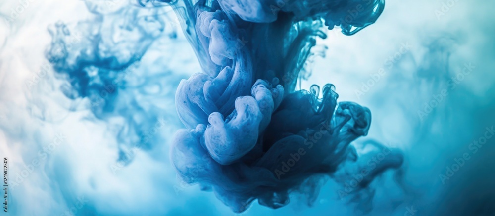 Poster blue ink bubbles swirling in dark water creating abstract patterns and textures for artistic backgro